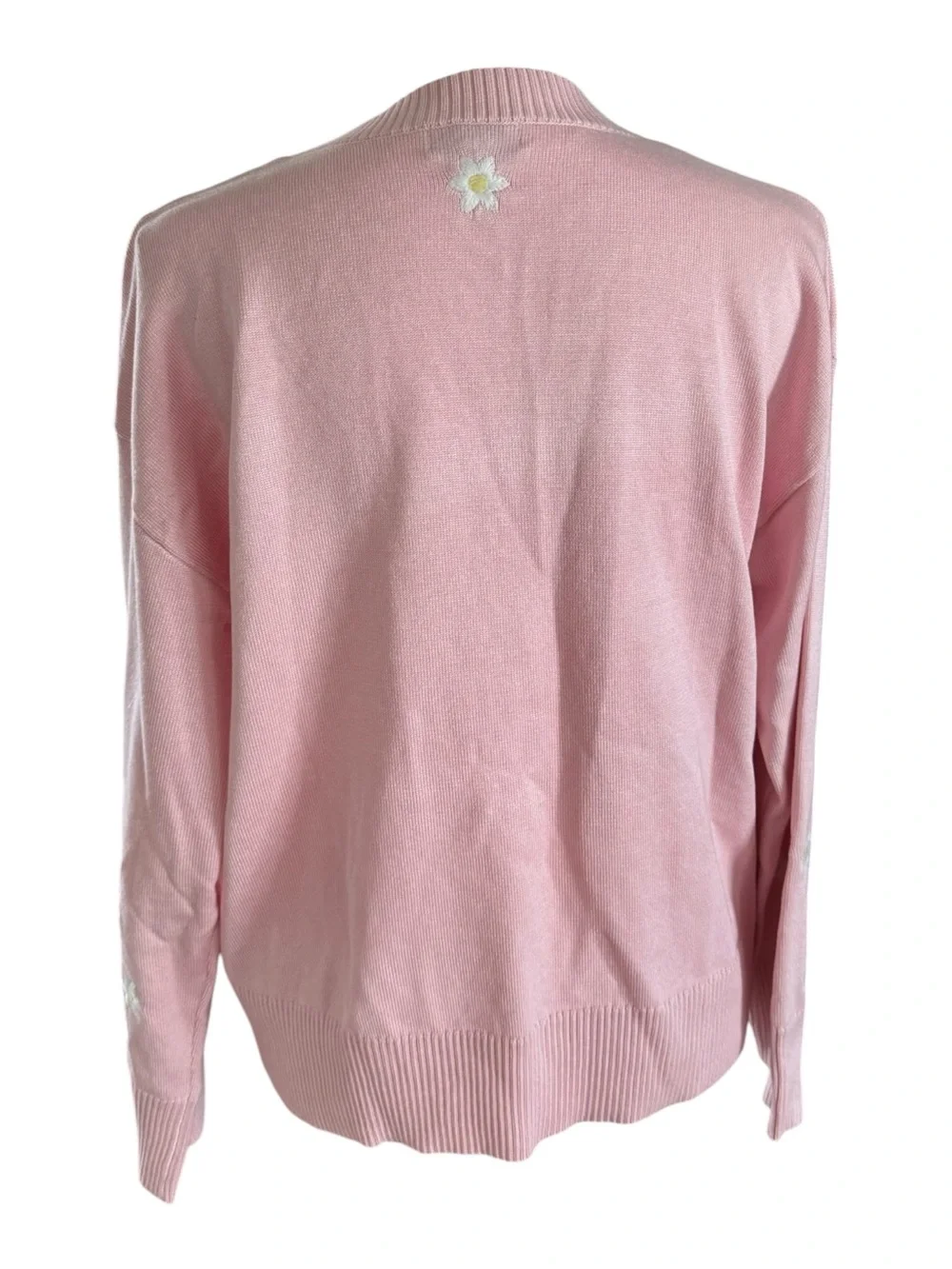 Metric Knits Light Pink V-Neck Sweater with Daisy Embroidery